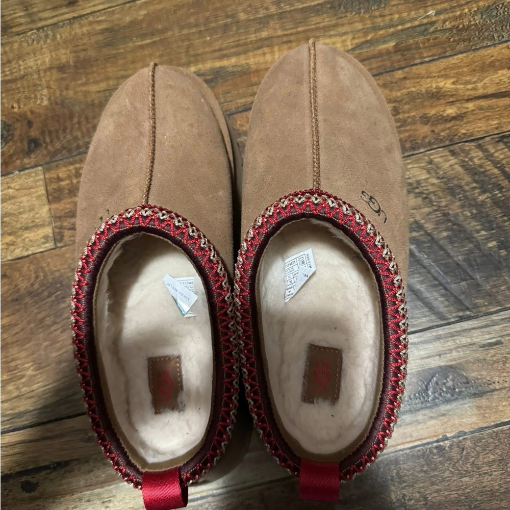 UGG Tan Suede Slip-On Slippers with Red Trim